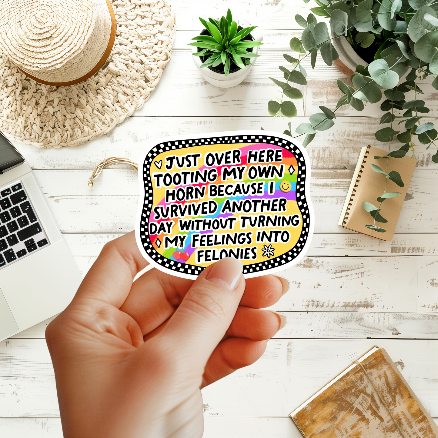 Just Over Here Touting My Own Horn Sticker