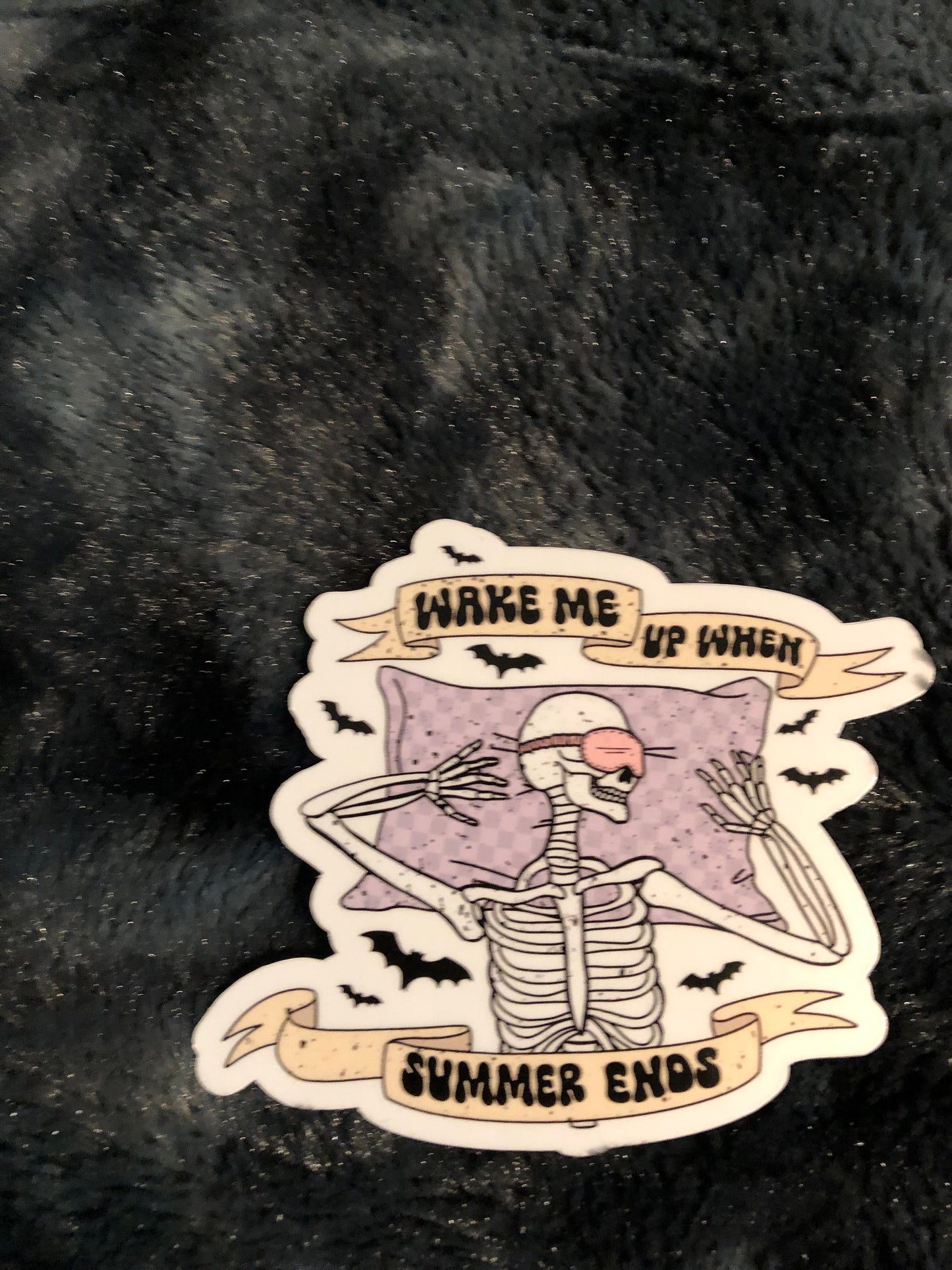 Wake Me Up When Summer Ends Sleeping Skeleton, Funny Halloween Sticker, Skeleton Sticker, Waterproof Sticker, Water Bottle Sticker
