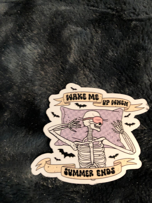 Wake Me Up When Summer Ends Sleeping Skeleton, Funny Halloween Sticker, Skeleton Sticker, Waterproof Sticker, Water Bottle Sticker