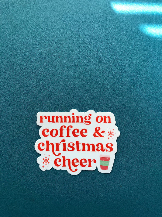 Running On Coffee And Christmas Cheer Waterproof Sticker, Christmas Sticker, Stocking Stuffer, Christmas and Coffee Sticker, Coffee Lover
