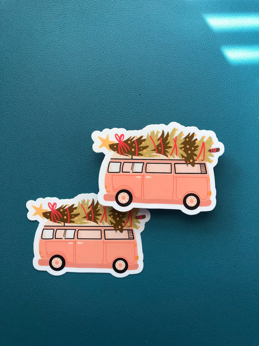 Vintage Christmas Bus Waterproof Sticker, Christmas Tree Sticker, Pink Bus Sticker, Christmas Sticker, Gift for Her, Stocking Stuffer