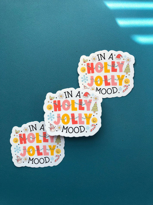 In A Holly Jolly Mood Waterproof Sticker, Christmas Sticker, Christmas Tree Sticker, Candy Canes, Snowmen, Seasons Greetings, Stocking Gift