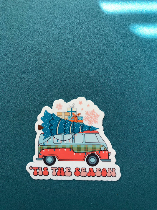 Tis The Season Christmas Sticker, Vintage Christmas Bus Sticker, Christmas Tree Sticker, Happy Holidays, Seasons Greetings, Stocking Stuffer