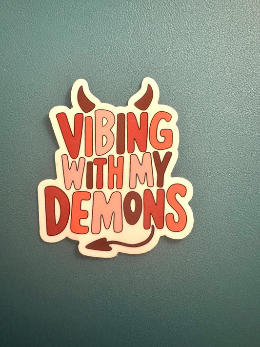 Vibing With My Demons Sticker, Sarcastic Sticker, Adult Humor, Devil Horns Sticker, Waterproof Sticker, Decal, Kindle Sticker, Mental Health