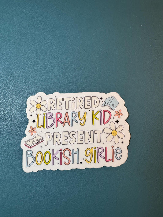 Retired Library Kid Present Bookish Girlie Sticker, Book Lover, Romantasy Reader, Booktok, Bookstagram, Gift for Reader, Library Lover