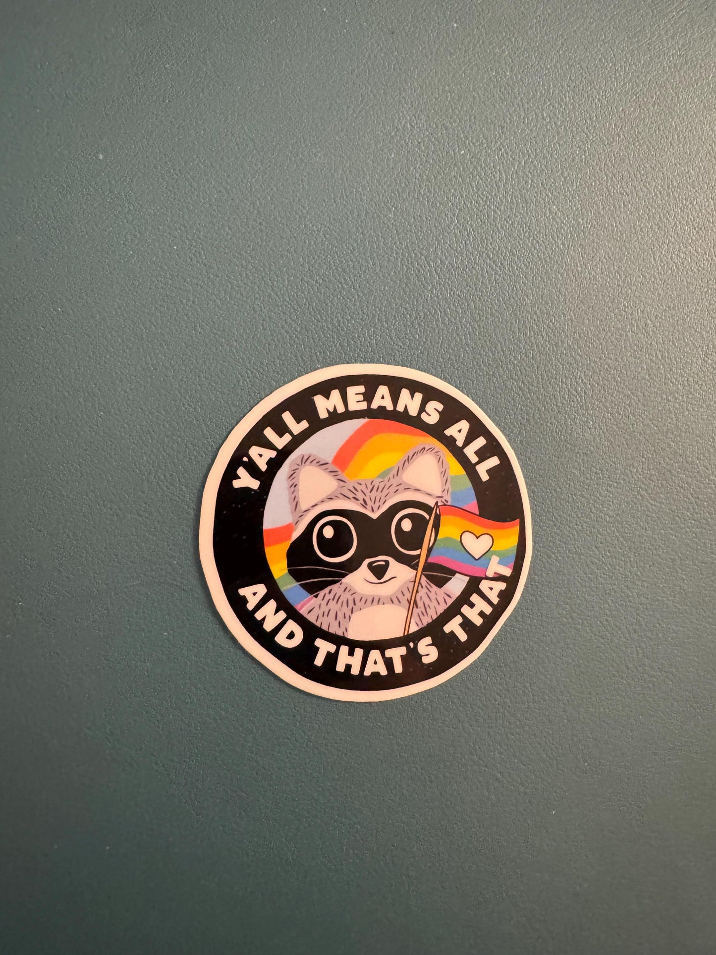 Y'All Means All And That's That Waterproof Vinyl Sticker, Raccoon Sticker, Rainbow Sticker, Acceptance Matters, End Bigotry