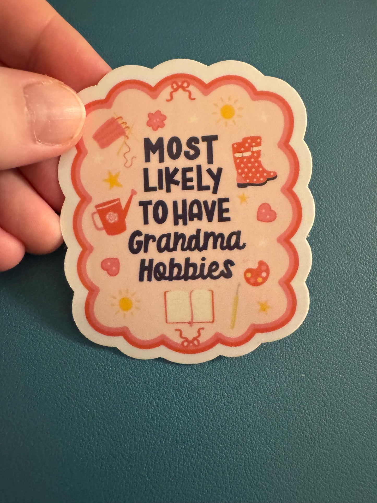Most Likely To Have Grandma Hobbies Waterproof Sticker, Grandma Vibes, Millennial Granny, Pink Sticker
