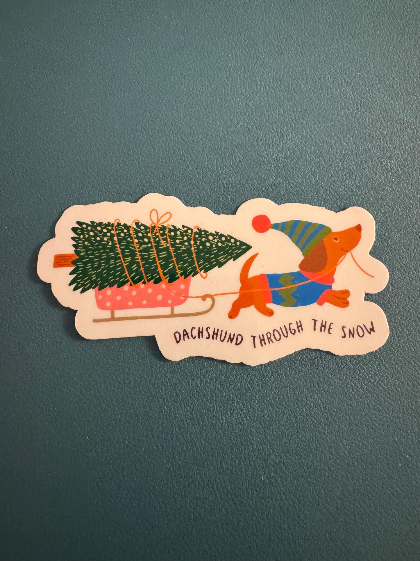 Dachshund Through The Snow Waterproof Sticker, Dog Christmas Vinyl Decal, Christmas Tree, Sled Sticker