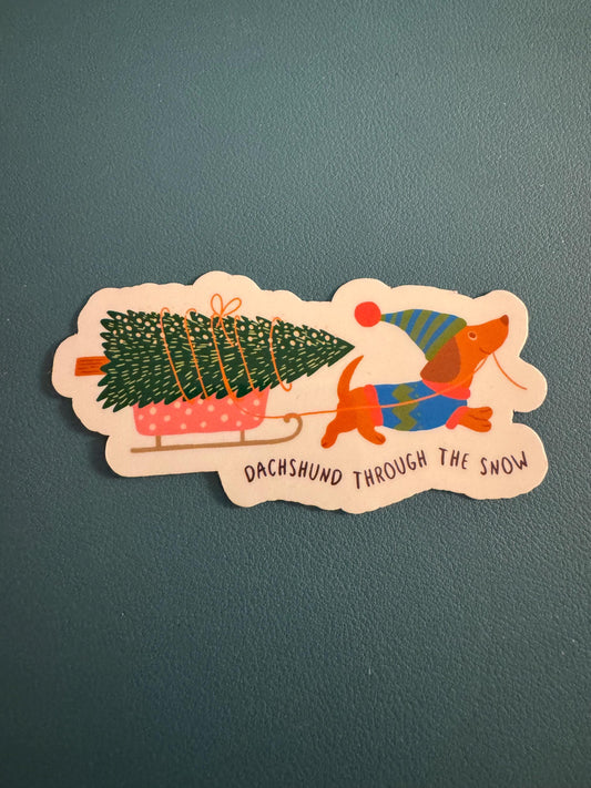 Dachshund Through The Snow Waterproof Sticker, Dog Christmas Vinyl Decal, Christmas Tree, Sled Sticker