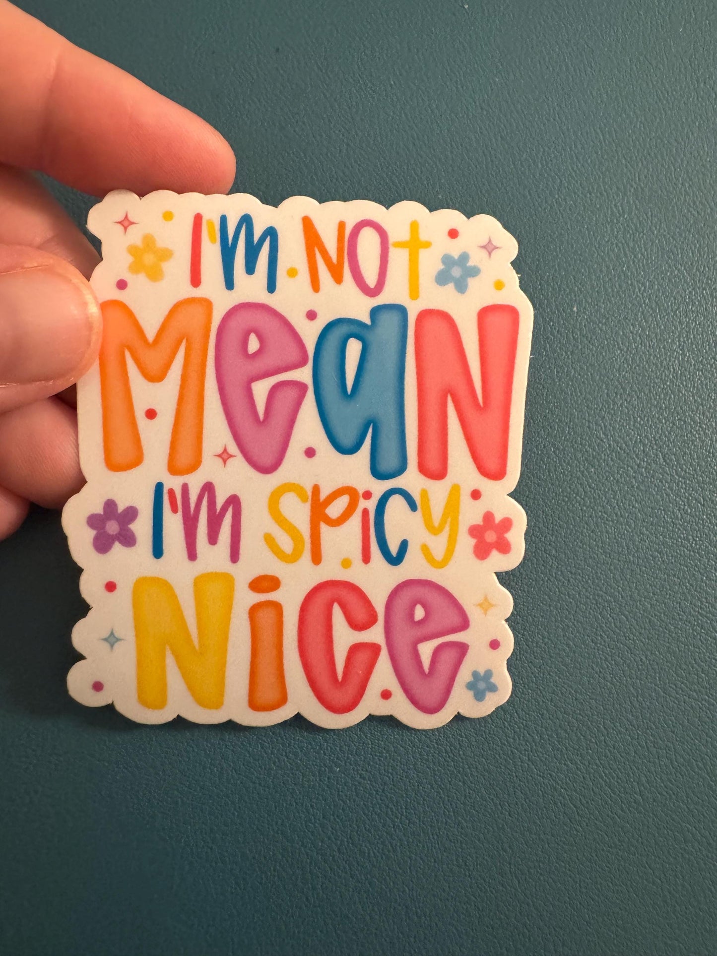 I'm Not Mean I'm Spicy Nice Waterproof Vinyl Sticker, Rainbow Lettered Sticker
