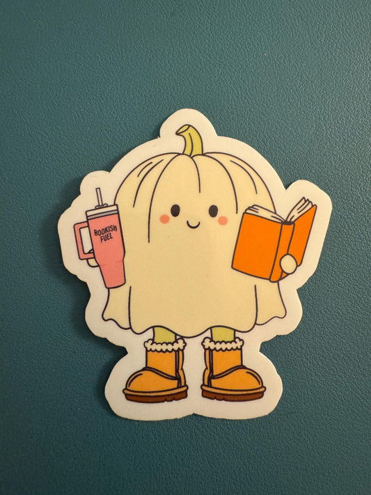 Ghost Reading a Book Waterproof Sticker, Iced Coffee Ghost, Spooky Season, Vinyl Halloween Sticker, Fall Themed, Bookish Fuel