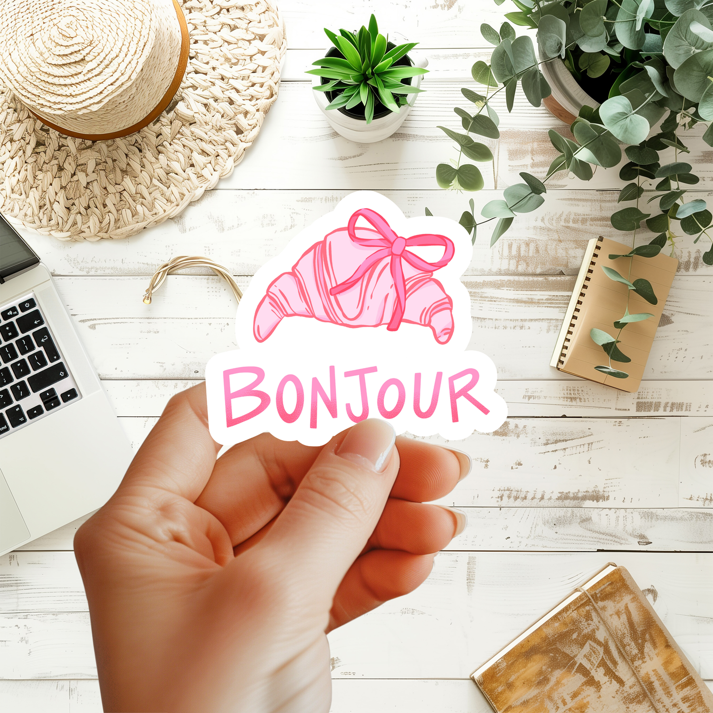 Bonjour, French Coquette Design, Croissant Sticker