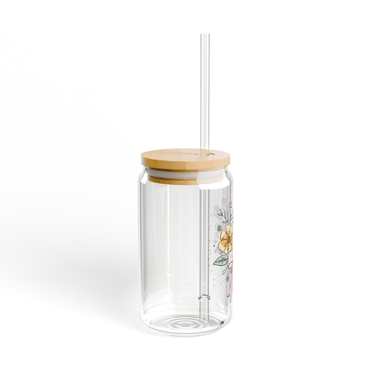 Floral Bouquet Sipper Glass, 16oz with Bamboo Lid and Straw, Botanical Glass Tumbler for Water, Tea, Coffee, Eco-Friendly Gift, Reusable Cup