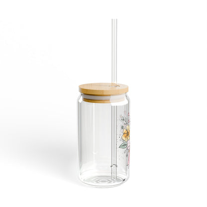 Floral Bouquet Sipper Glass, 16oz with Bamboo Lid and Straw, Botanical Glass Tumbler for Water, Tea, Coffee, Eco-Friendly Gift, Reusable Cup