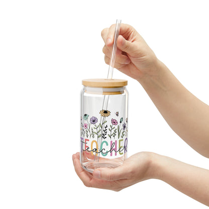 Floral Teacher 16oz Glass Iced Coffee Cup
