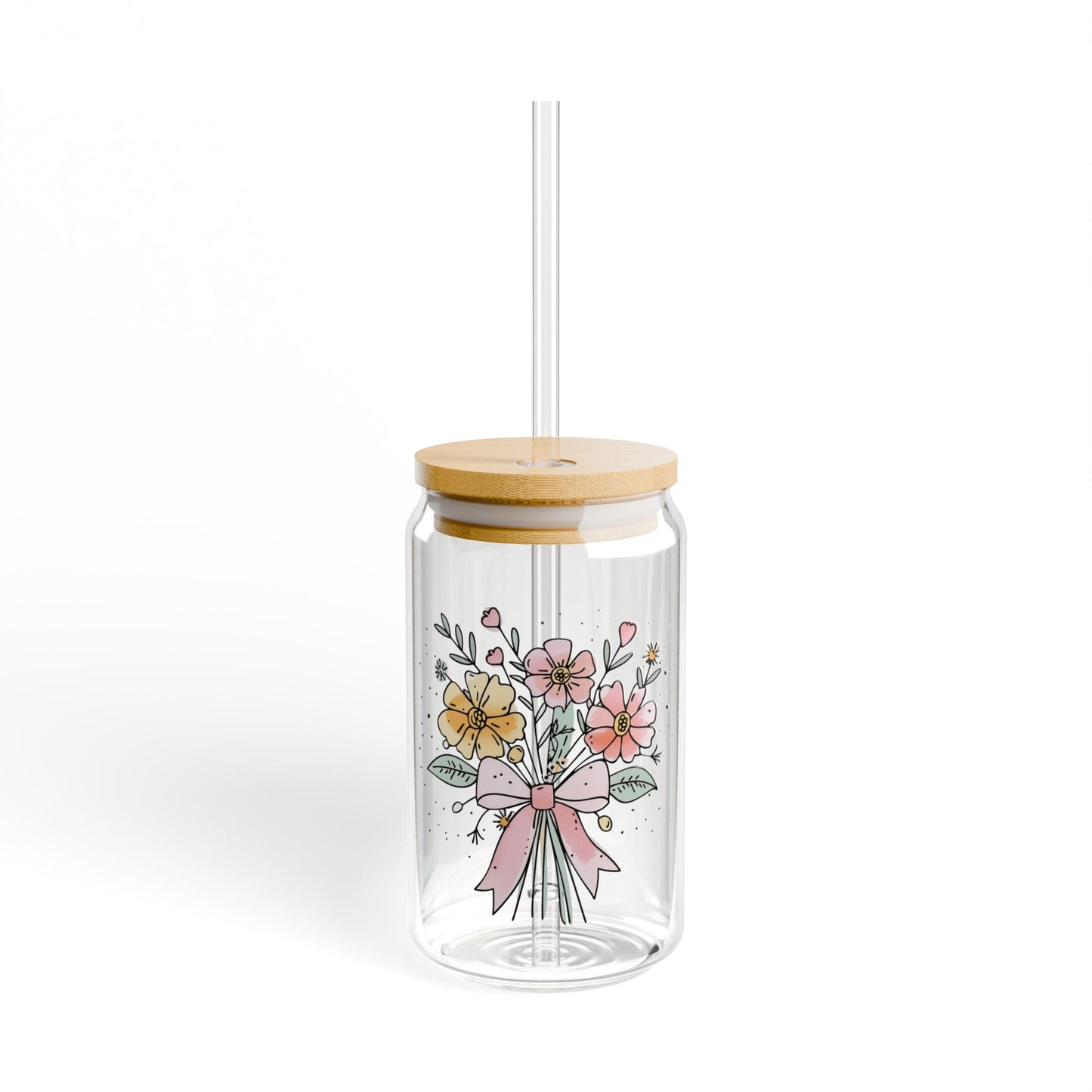 Floral Bouquet Sipper Glass, 16oz with Bamboo Lid and Straw, Botanical Glass Tumbler for Water, Tea, Coffee, Eco-Friendly Gift, Reusable Cup