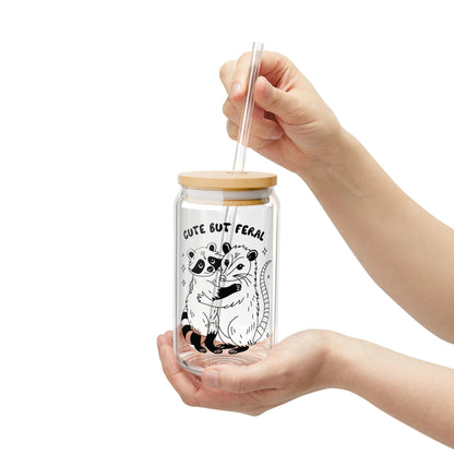 Cute But Feral, Raccoon and Opossum Friends, 16oz Glass Iced Coffee Cup