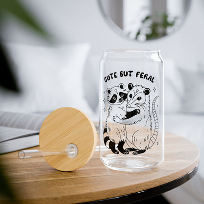 Cute But Feral, Raccoon and Opossum Friends, 16oz Glass Iced Coffee Cup