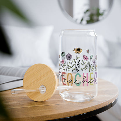 Floral Teacher 16oz Glass Iced Coffee Cup