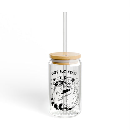Cute But Feral, Raccoon and Opossum Friends, 16oz Glass Iced Coffee Cup