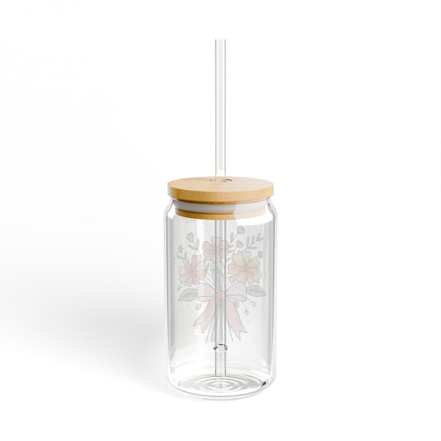 Floral Bouquet Sipper Glass, 16oz with Bamboo Lid and Straw, Botanical Glass Tumbler for Water, Tea, Coffee, Eco-Friendly Gift, Reusable Cup