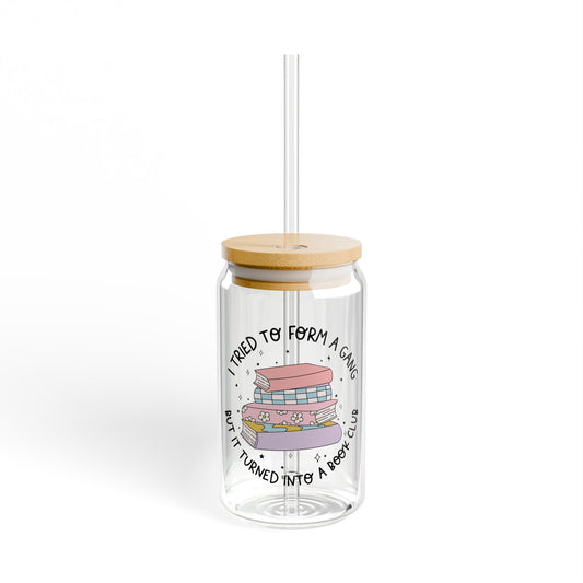 I Tried To Form A Gang And It Turned Into A Book Club Iced Coffee Glass Can Cup, Book Lover Glass Cup, Book Worm, Bamboo Lid , Reusable Cup