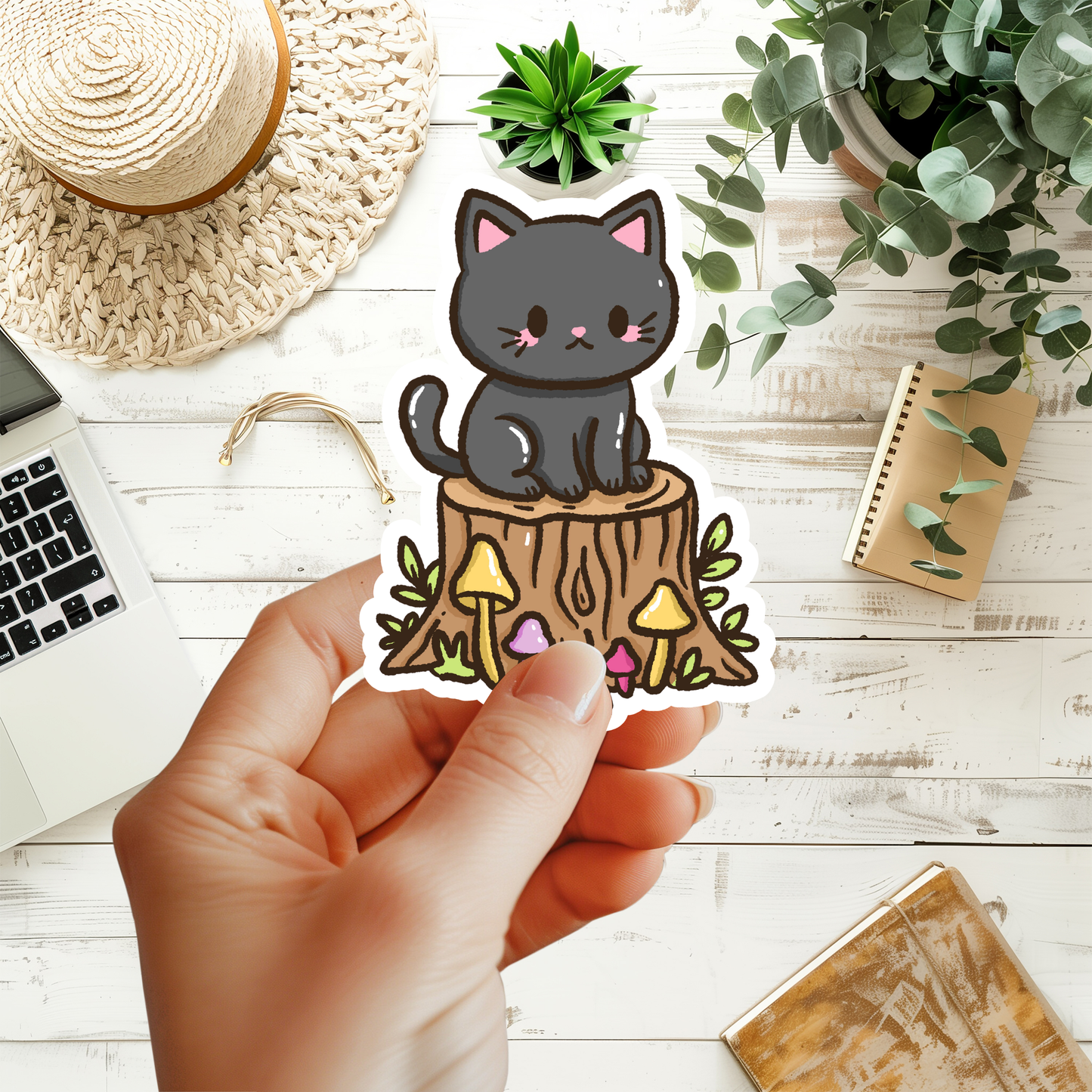 Whimsical Black Cat On A Tree Stump Sticker