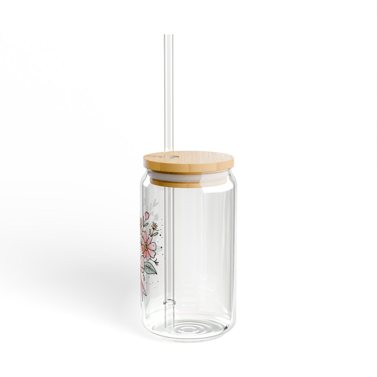Floral Bouquet Sipper Glass, 16oz with Bamboo Lid and Straw, Botanical Glass Tumbler for Water, Tea, Coffee, Eco-Friendly Gift, Reusable Cup