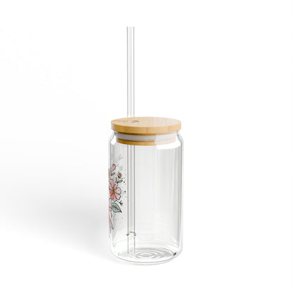 Floral Bouquet Sipper Glass, 16oz with Bamboo Lid and Straw, Botanical Glass Tumbler for Water, Tea, Coffee, Eco-Friendly Gift, Reusable Cup