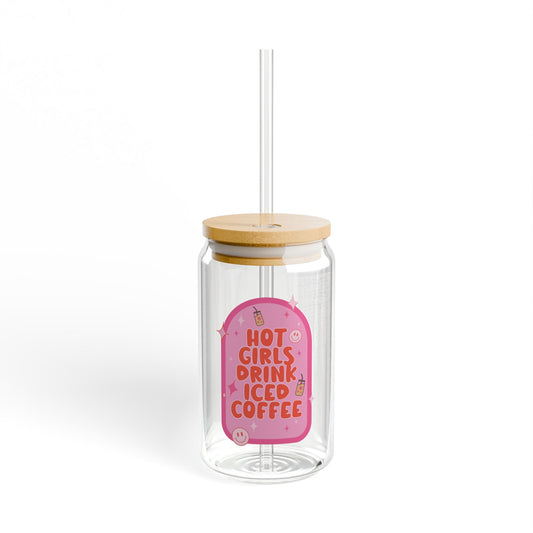 Hot Girls Drink Iced Coffee  Glass Tumbler, Best Friend Gift, Iced Coffee Lover, Glass Can Cup, Coffee Obsessed Gift, Gift For Her, Trendy