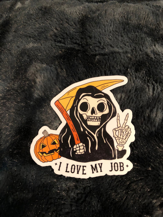 Grim Reaper Skeleton Sticker, Spooky Season, I Love My Job Sticker, Peace Sign Skeleton Sticker, Water Bottle Sticker, Waterproof Sticker