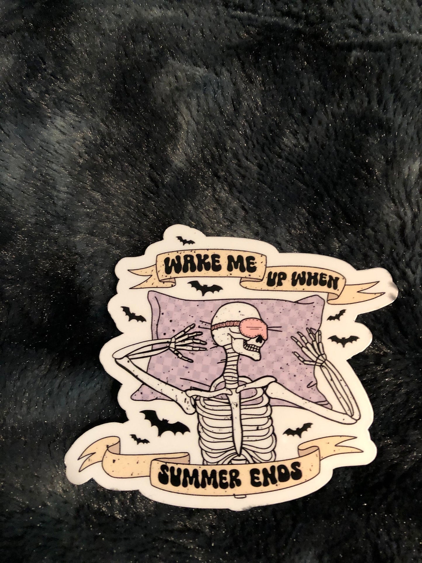 Wake Me Up When Summer Ends Sleeping Skeleton, Funny Halloween Sticker, Skeleton Sticker, Waterproof Sticker, Water Bottle Sticker