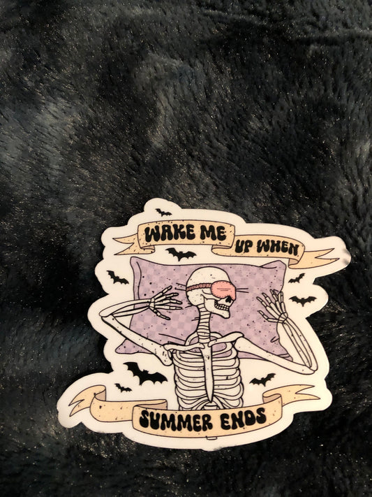 Wake Me Up When Summer Ends Sleeping Skeleton, Funny Halloween Sticker, Skeleton Sticker, Waterproof Sticker, Water Bottle Sticker