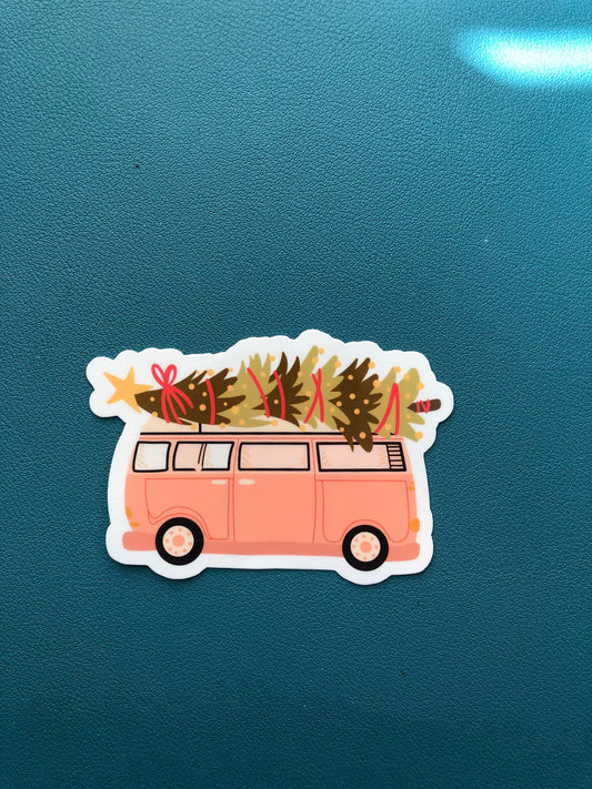 Vintage Christmas Bus Waterproof Sticker, Christmas Tree Sticker, Pink Bus Sticker, Christmas Sticker, Gift for Her, Stocking Stuffer