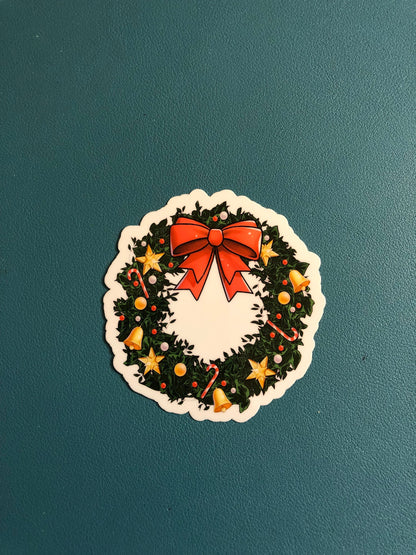 Ornate Christmas Wreath Waterproof Sticker, Merry Christmas Sticker, Holiday Gift, Christmas Sticker, Seasons Greetings, Stocking Stuffer