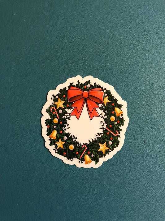 Ornate Christmas Wreath Waterproof Sticker, Merry Christmas Sticker, Holiday Gift, Christmas Sticker, Seasons Greetings, Stocking Stuffer