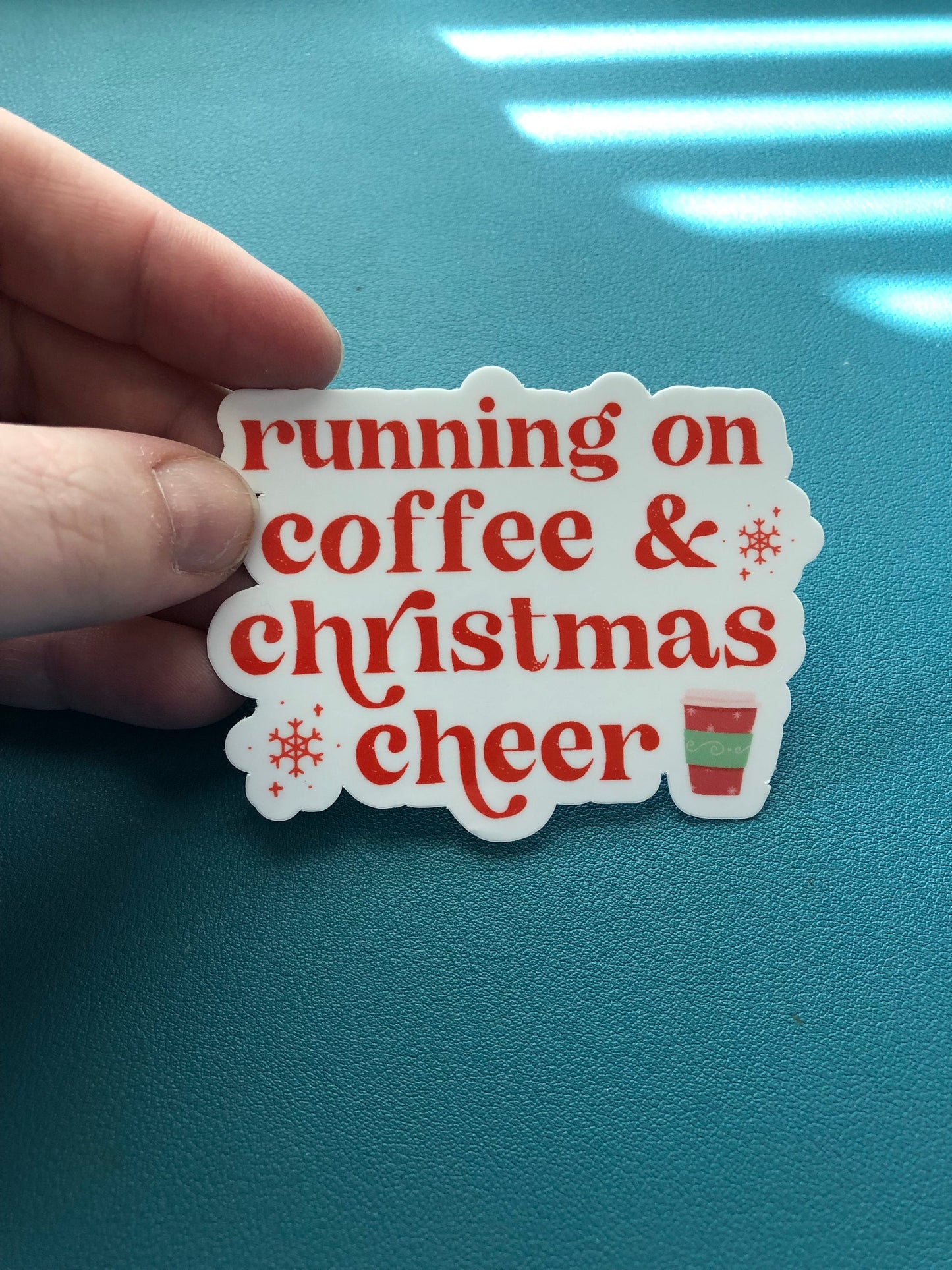 Running On Coffee And Christmas Cheer Waterproof Sticker, Christmas Sticker, Stocking Stuffer, Christmas and Coffee Sticker, Coffee Lover