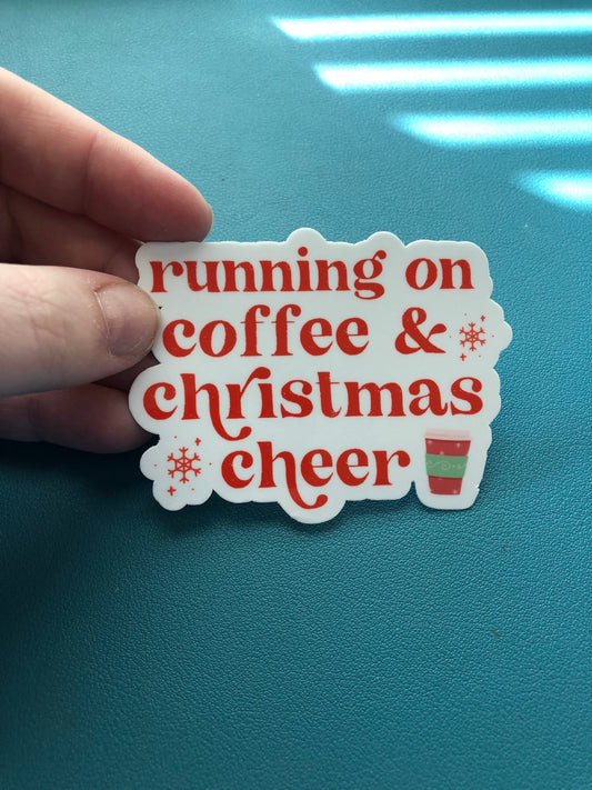 Running On Coffee And Christmas Cheer Waterproof Sticker, Christmas Sticker, Stocking Stuffer, Christmas and Coffee Sticker, Coffee Lover
