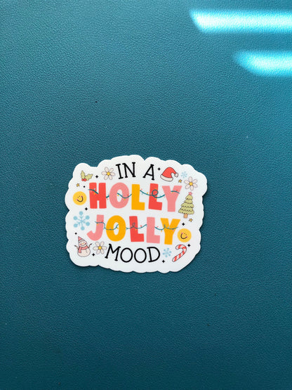 In A Holly Jolly Mood Waterproof Sticker, Christmas Sticker, Christmas Tree Sticker, Candy Canes, Snowmen, Seasons Greetings, Stocking Gift