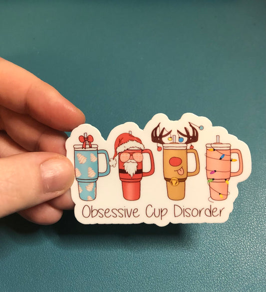 Obsessive Cup Disorder Christmas Edition Waterproof Sticker, Christmas Tumblers Sticker, Water Bottle Sticker, Christmas Themed Sticker