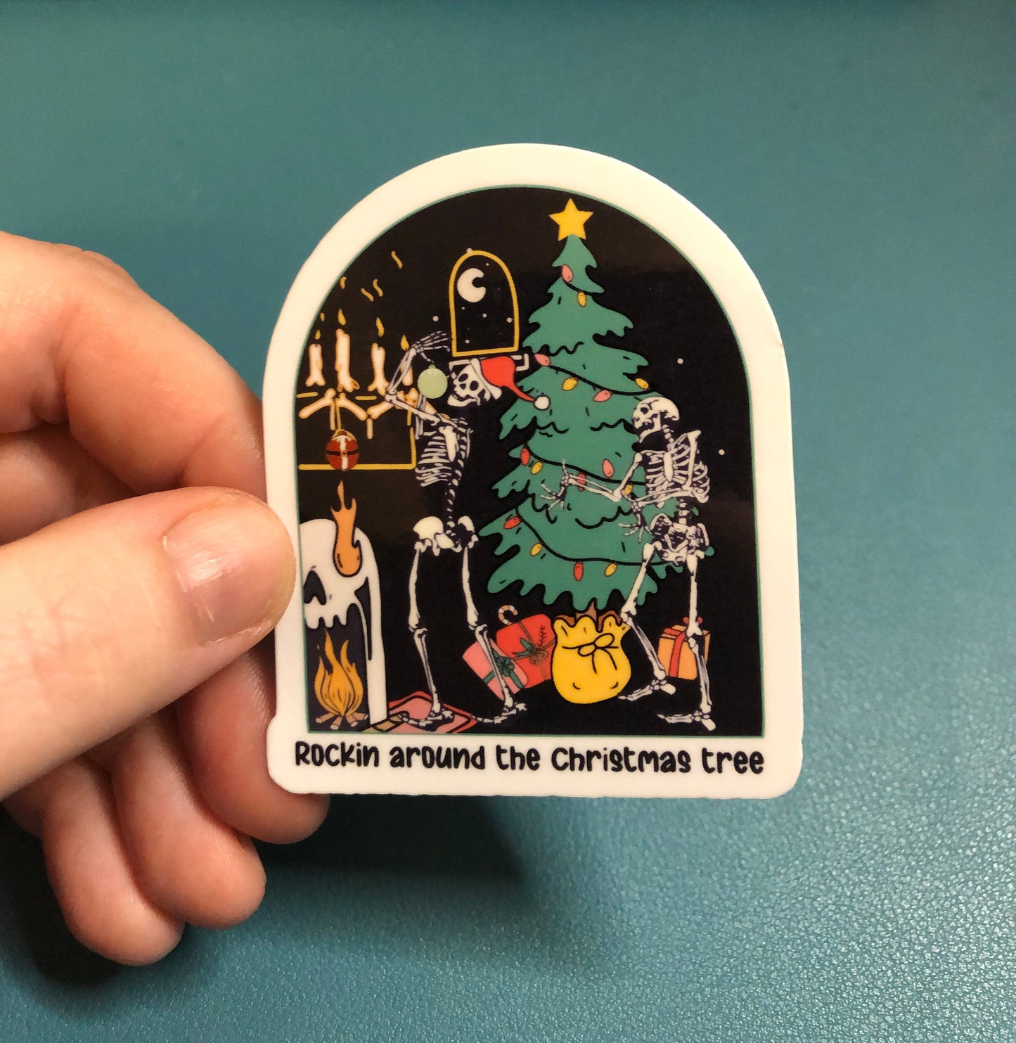 Rockin' Around The Christmas Tree Waterproof Sticker, Dancing Christmas Skeletons Sticker, Dark Christmas Sticker, Christmas Tree Sticker