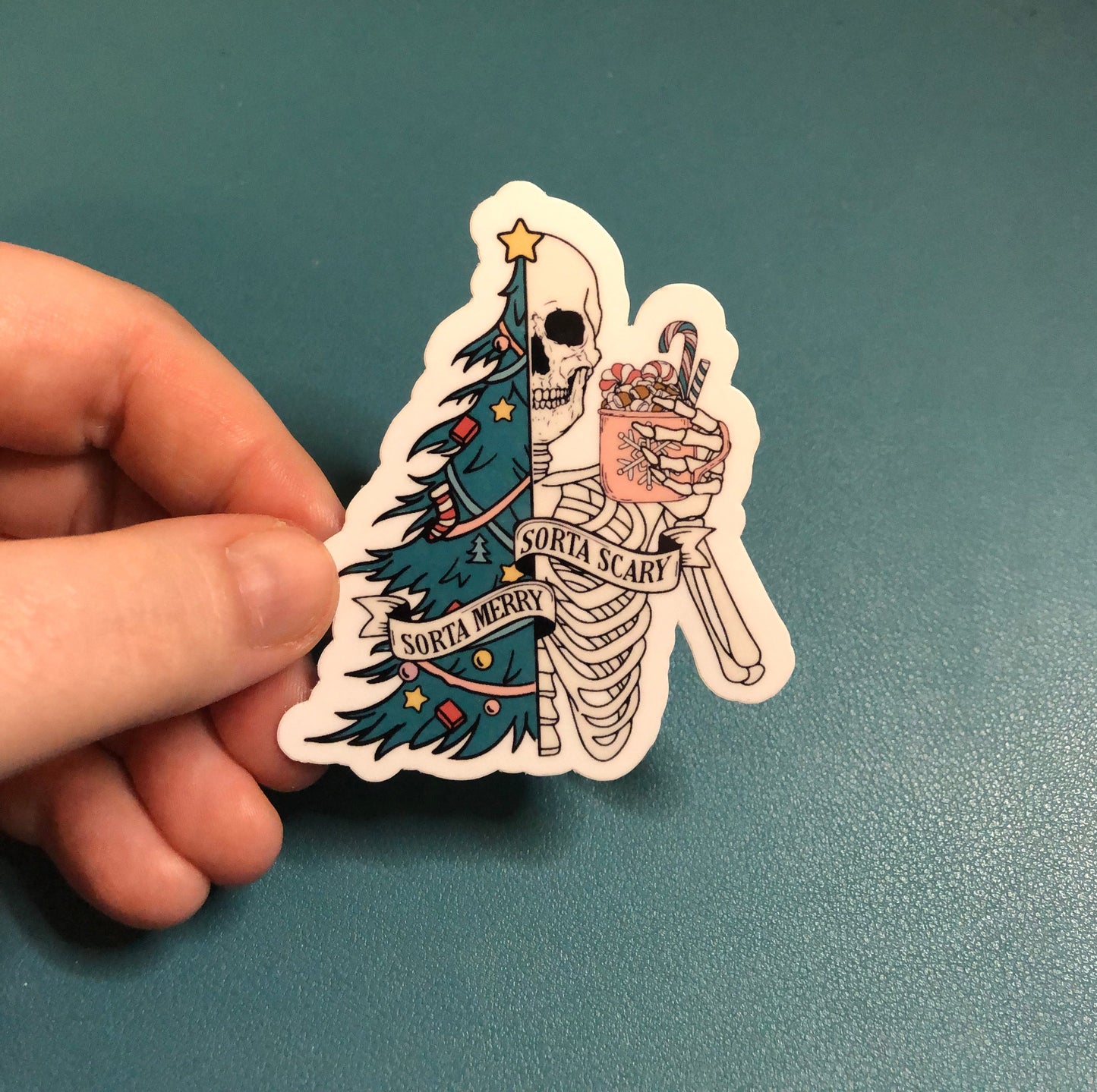 Sorta Merry Sorta Scary Waterproof Sticker, Christmas Tree Sticker, Christmas Skeleton Sticker, Spooky Christmas Sticker, Festive Holidays