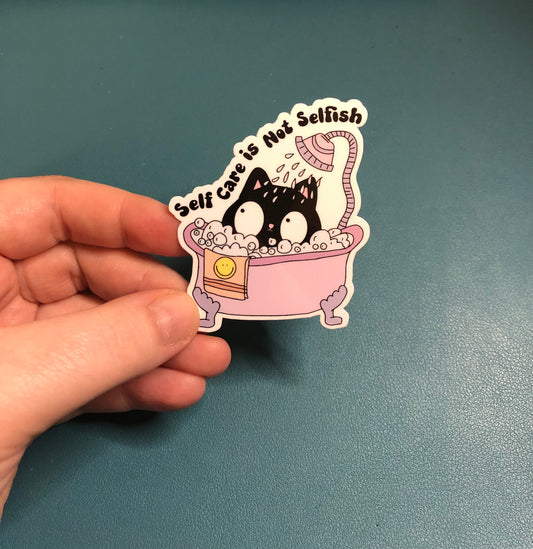 Self Care Is Not Selfish Waterproof Sticker, Bubblebath Sticker, Black Cat Sticker, Cat Lover, Self Care Sticker, Mental Health Sticker