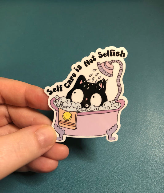 Self Care Is Not Selfish Waterproof Sticker, Bubblebath Sticker, Black Cat Sticker, Cat Lover, Self Care Sticker, Mental Health Sticker