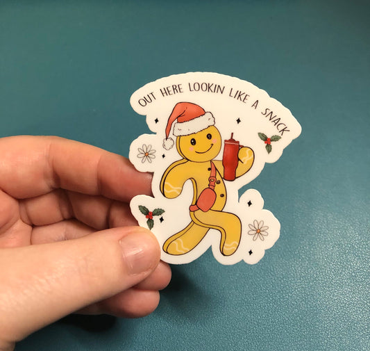 Out Here Lookin' Like A Snack Gingerbread Man Waterproof Sticker, Christmas Themed Sticker, Water Bottle Sticker, Dancing Gingerbread Man