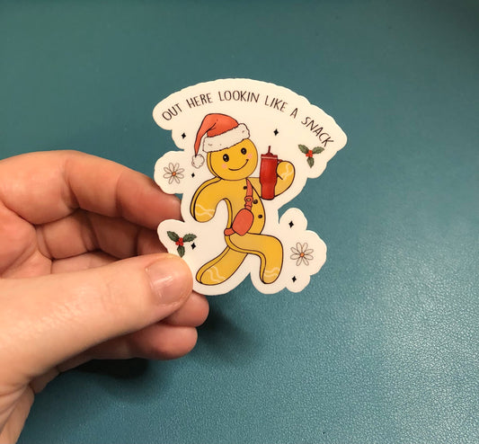 Out Here Lookin' Like A Snack Gingerbread Man Waterproof Sticker, Christmas Themed Sticker, Water Bottle Sticker, Dancing Gingerbread Man