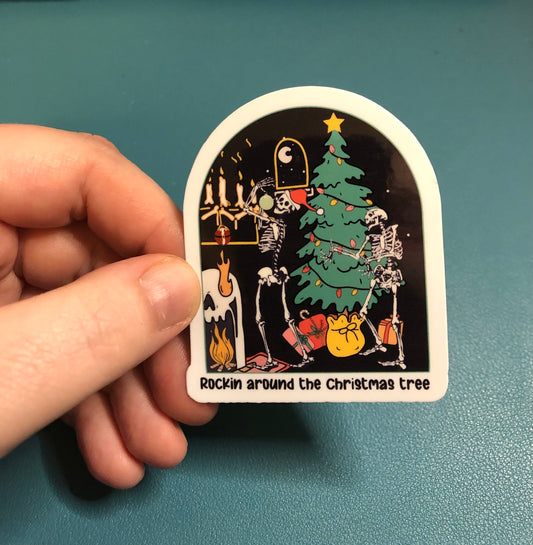 Rockin' Around The Christmas Tree Waterproof Sticker, Dancing Christmas Skeletons Sticker, Dark Christmas Sticker, Christmas Tree Sticker