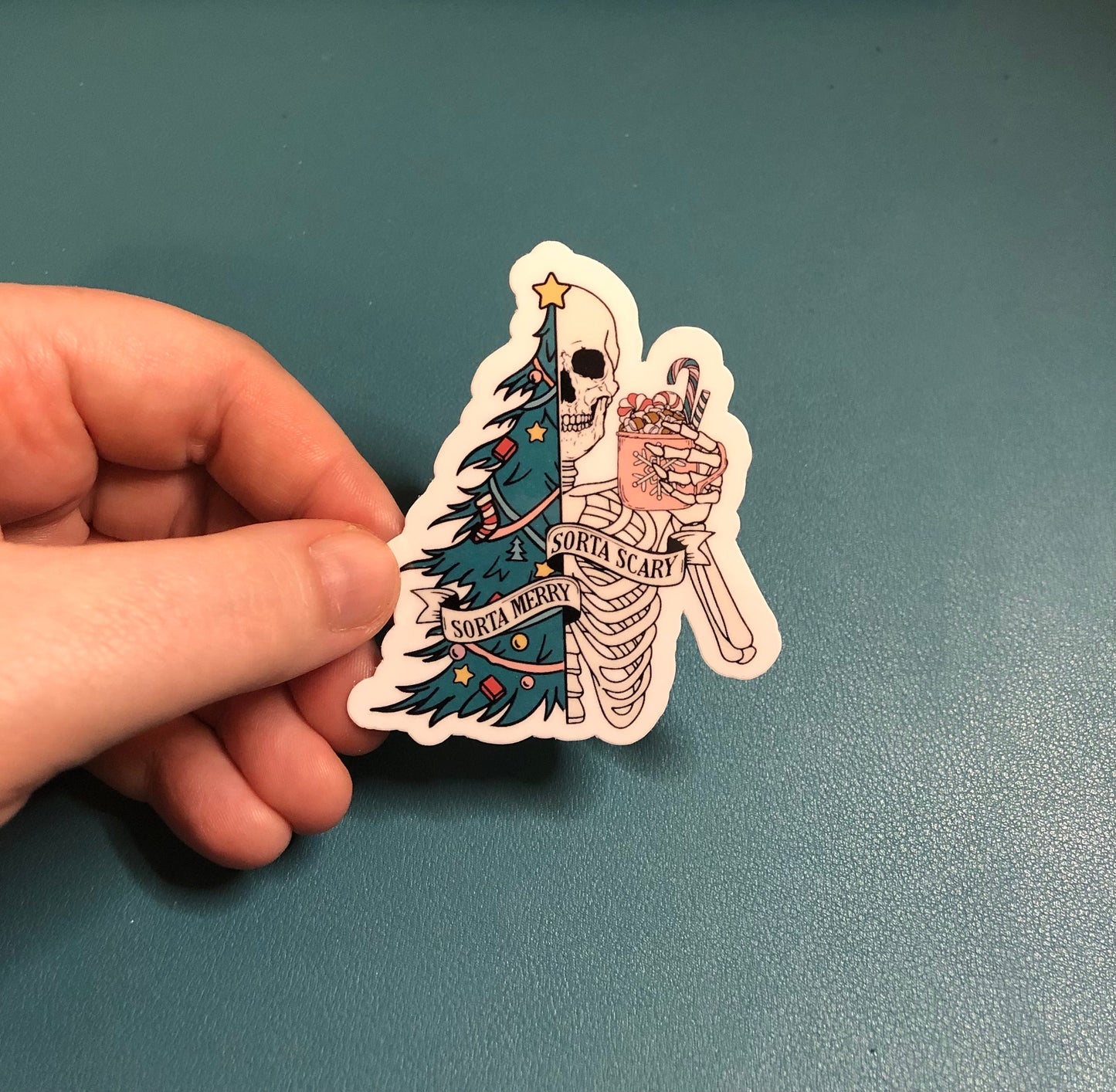 Sorta Merry Sorta Scary Waterproof Sticker, Christmas Tree Sticker, Christmas Skeleton Sticker, Spooky Christmas Sticker, Festive Holidays
