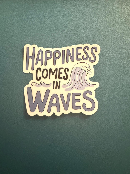 Happiness Comes In Waves Sticker, Mental Health Sticker, Positivity Decal, Mindfulness, Waterproof Sticker, Water Bottle Vinyl Sticker