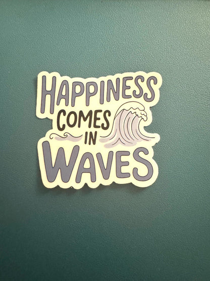 Happiness Comes In Waves Sticker, Mental Health Sticker, Positivity Decal, Mindfulness, Waterproof Sticker, Water Bottle Vinyl Sticker